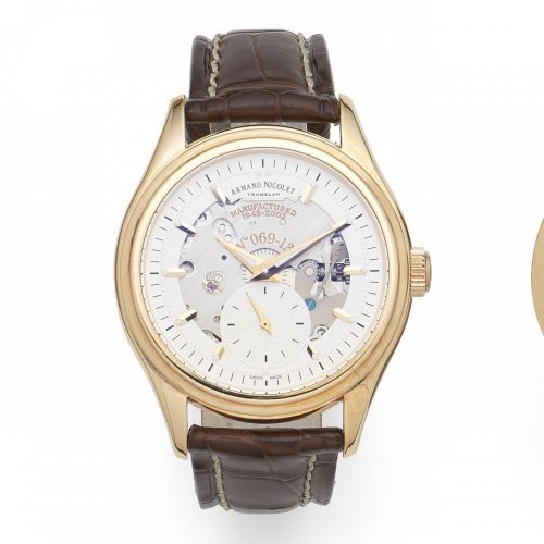 Armand Nicolet. An 18K rose gold manual wind semi-skeletonised wristwatch
