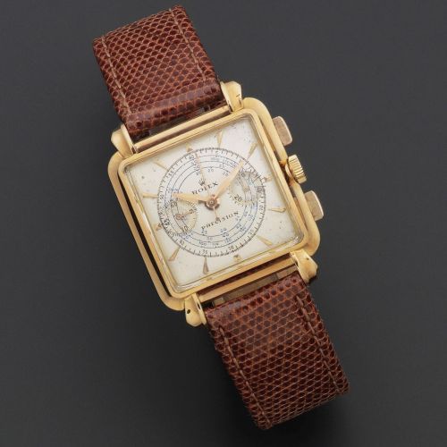 Rolex. An 18K rose gold manual wind chronograph square wristwatch