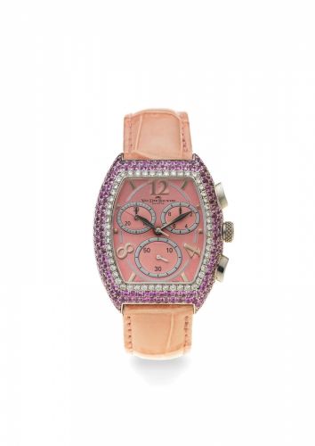 Van Der Bauwede. A silver, diamond and pink sapphire set quartz chronograph wristwatch