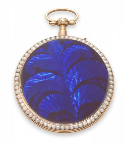 Roux Bordier Roman & Co. A gilt metal, enamel and seed pearl set key wind open face pocket watch