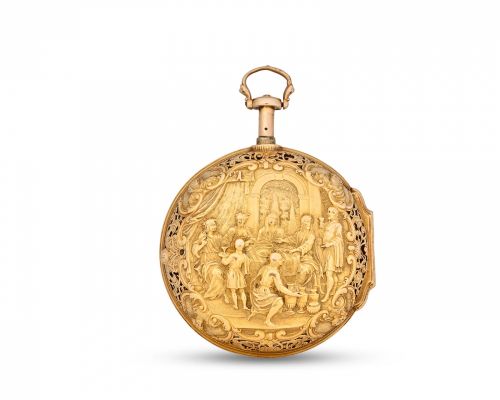Jacob van der Cloesen, Leiden. A fine and rare gold pair case quarter repeating watch with repoussé outer case by David Dupont