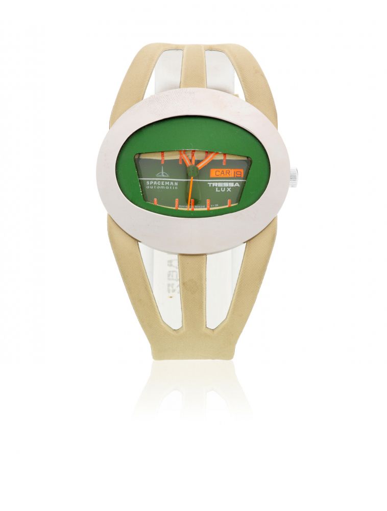 Tressa Lux. A stainless steel and fiberglass automatic helmet form calendar wristwatch