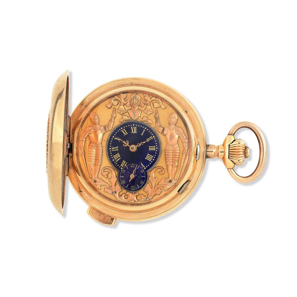 Bonne. An 18K gold keyless wind minute repeating Jacquemart full hunter pocket watch