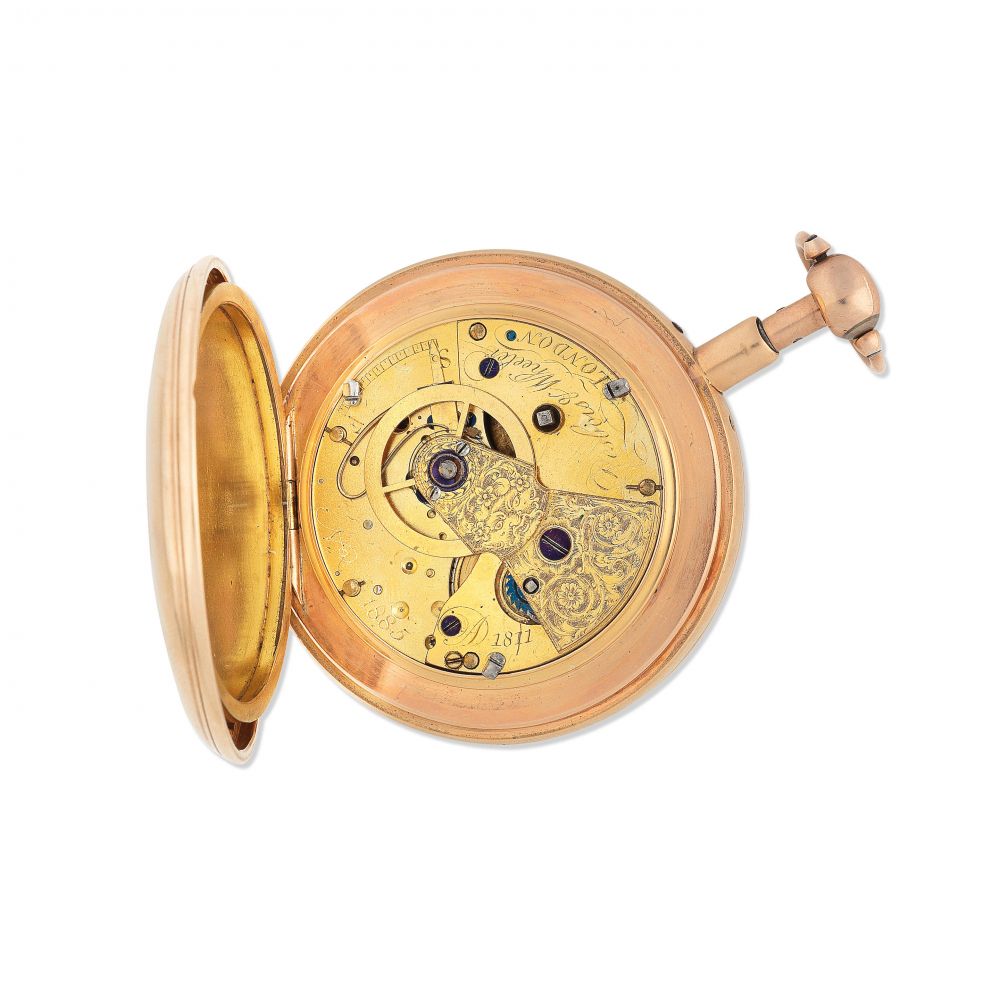 Desbois & Wheeler, London. An 18K gold key wind quarter repeating open face pocket watch