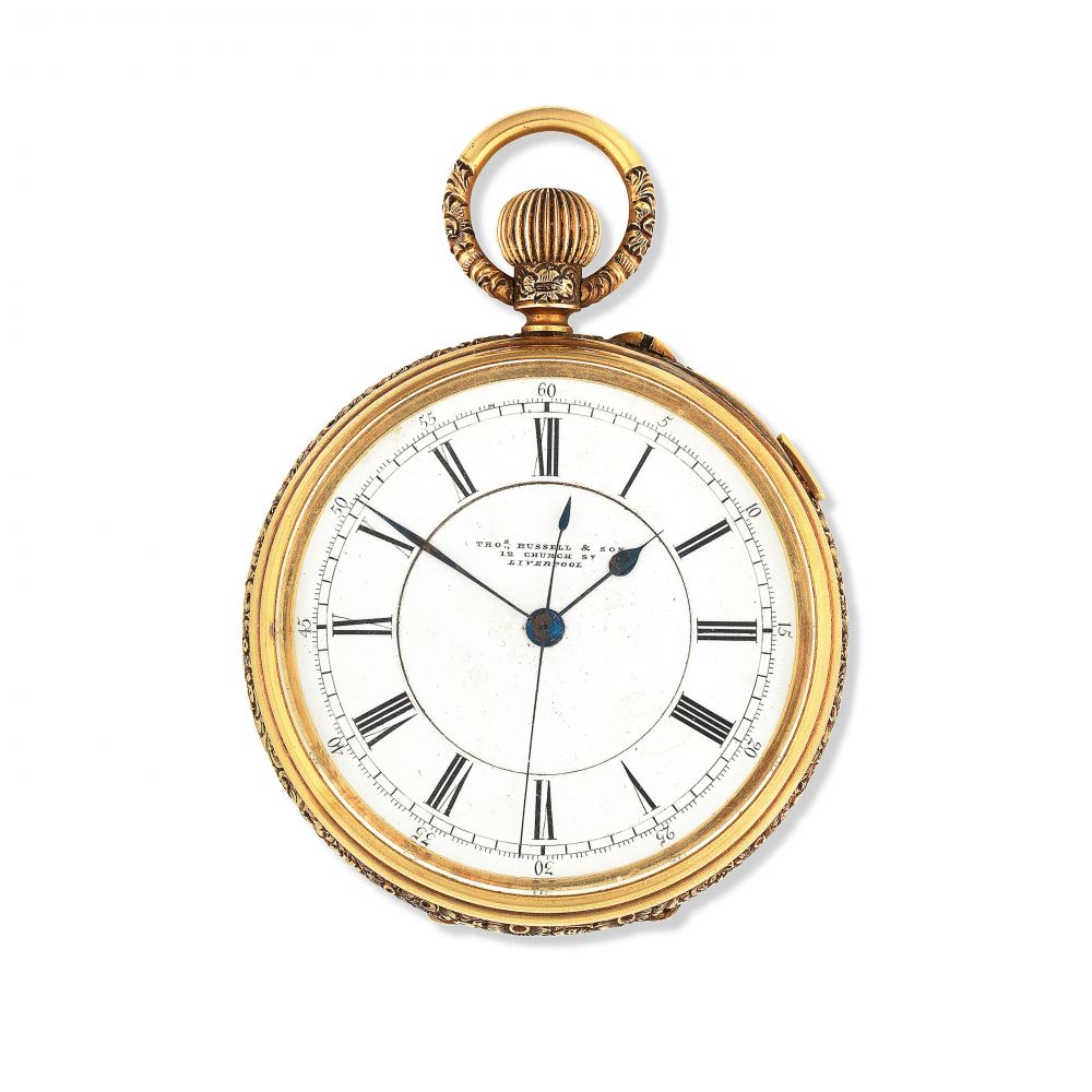 Thomas Russell & Son, 12 Church Street, Liverpool. An 18K gold keyless wind open face pocket watch with stop/start seconds