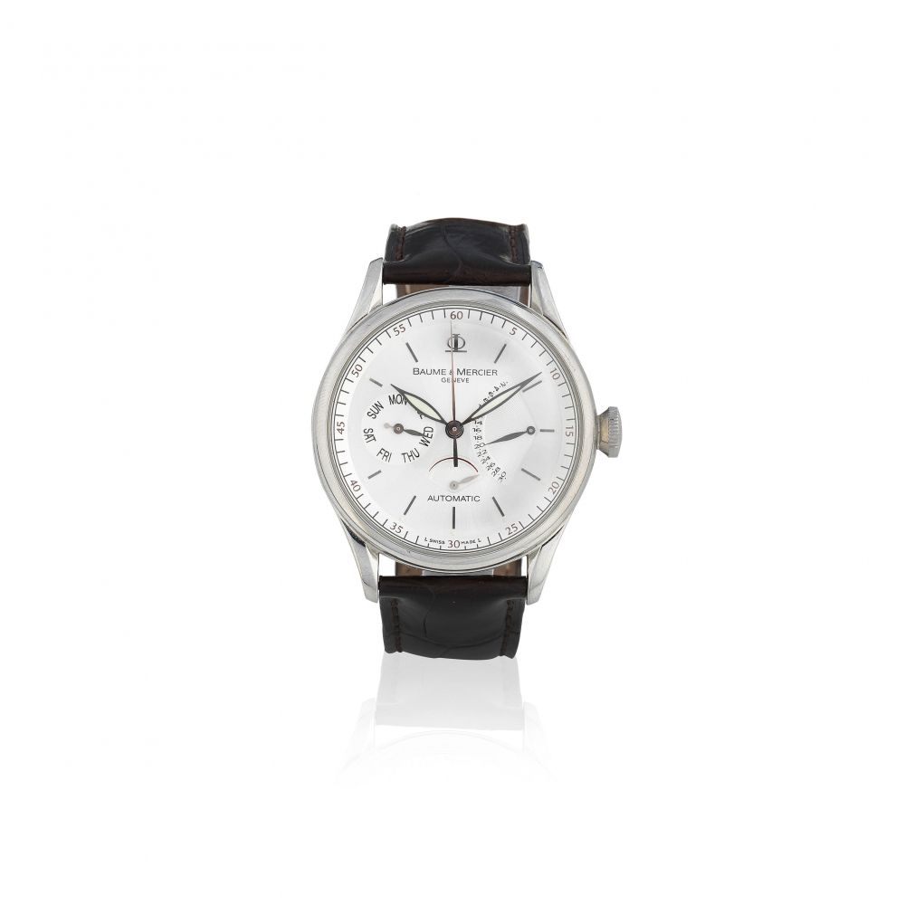 Baume & Mercier. A stainless steel automatic calendar wristwatch with power reserve