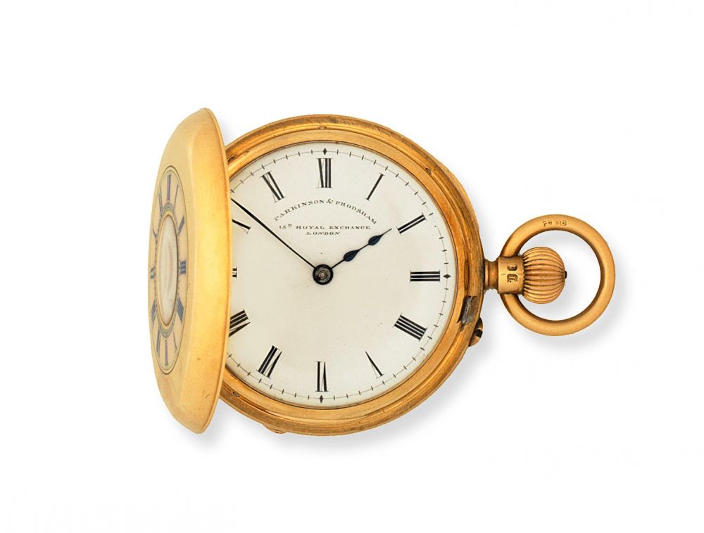 Parkinson & Frodsham, 15B Royal Exchange, London. An 18K gold keyless wind half hunter pocket watch