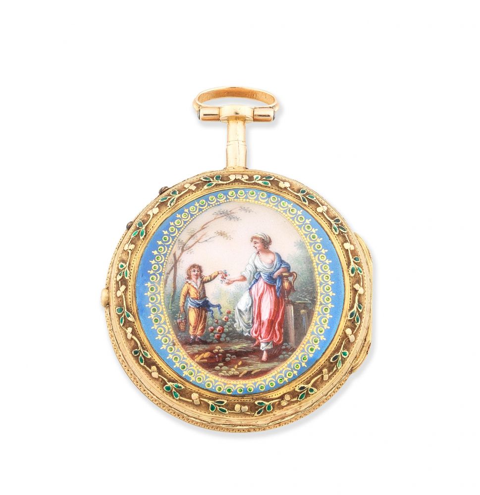J. Coulin & Amy Bry. A continental gold key wind pair case pocket watch with enamel decoration