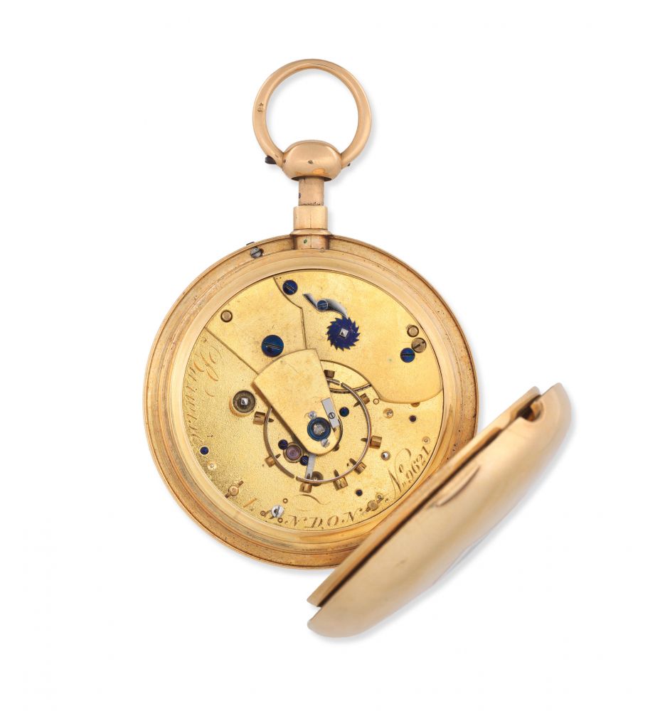 Barwise, London. An 18K gold key wind minute repeating open face chronometer pocket watch