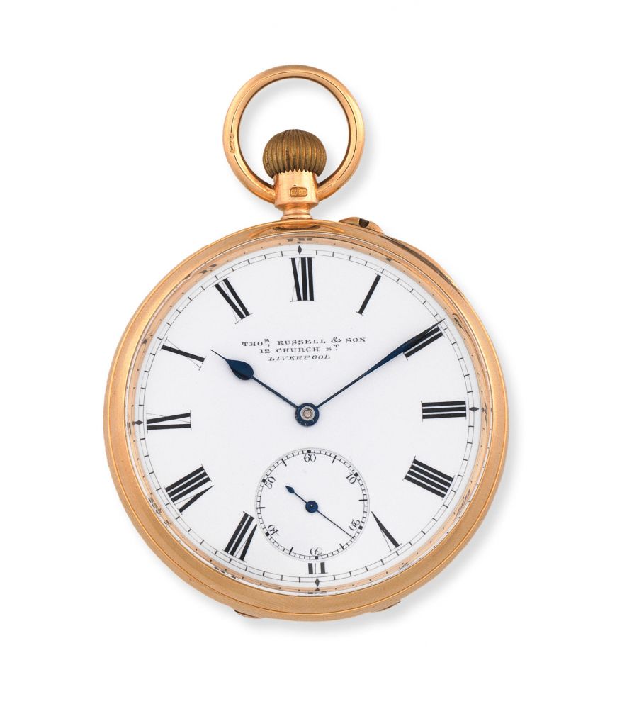 Thomas Russell & Son, 12 Church St, Liverpool. An 18K gold keyless wind open face pocket watch