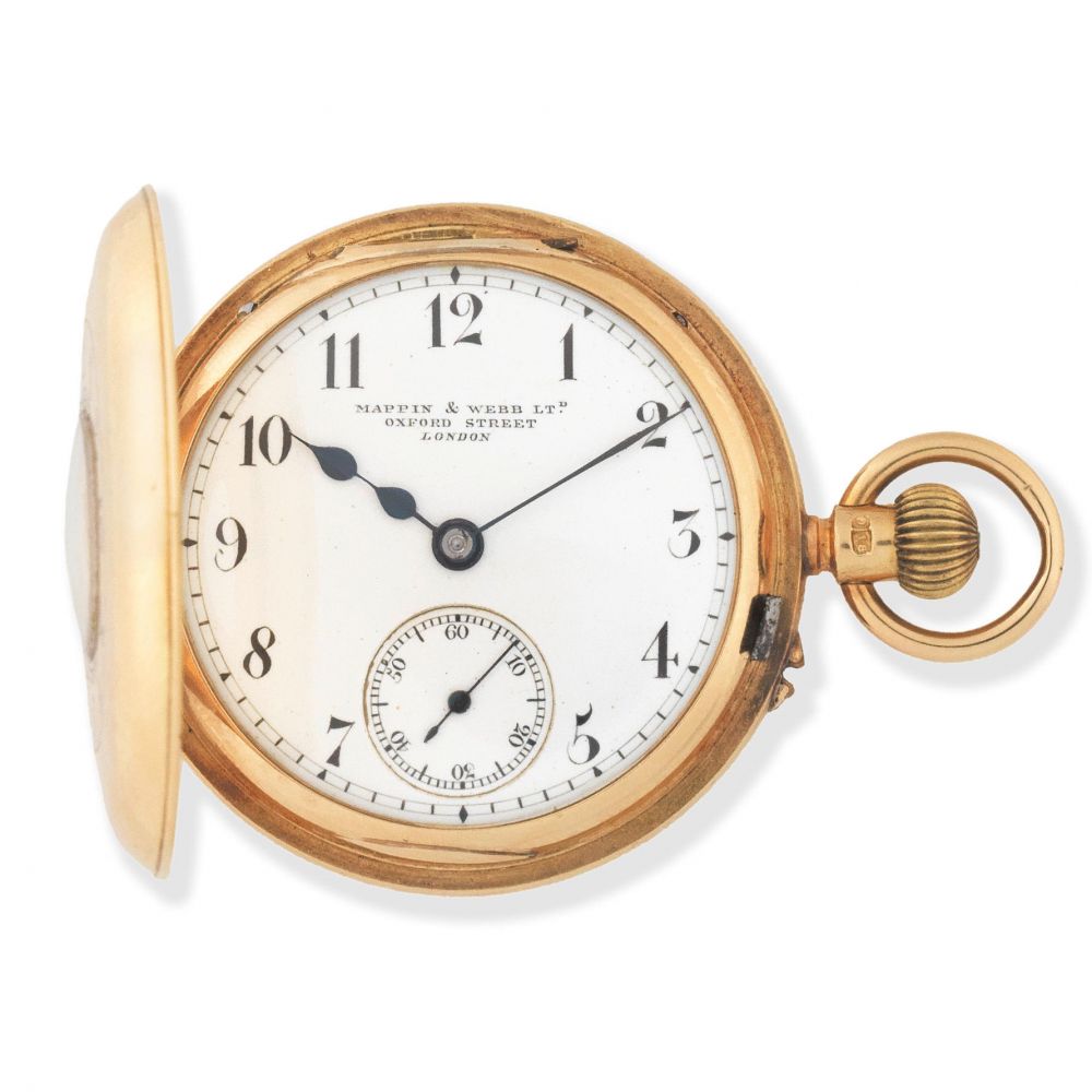 Mappin & Webb Ltd., Oxford Street, London. An 18K gold keyless wind half hunter pocket watch