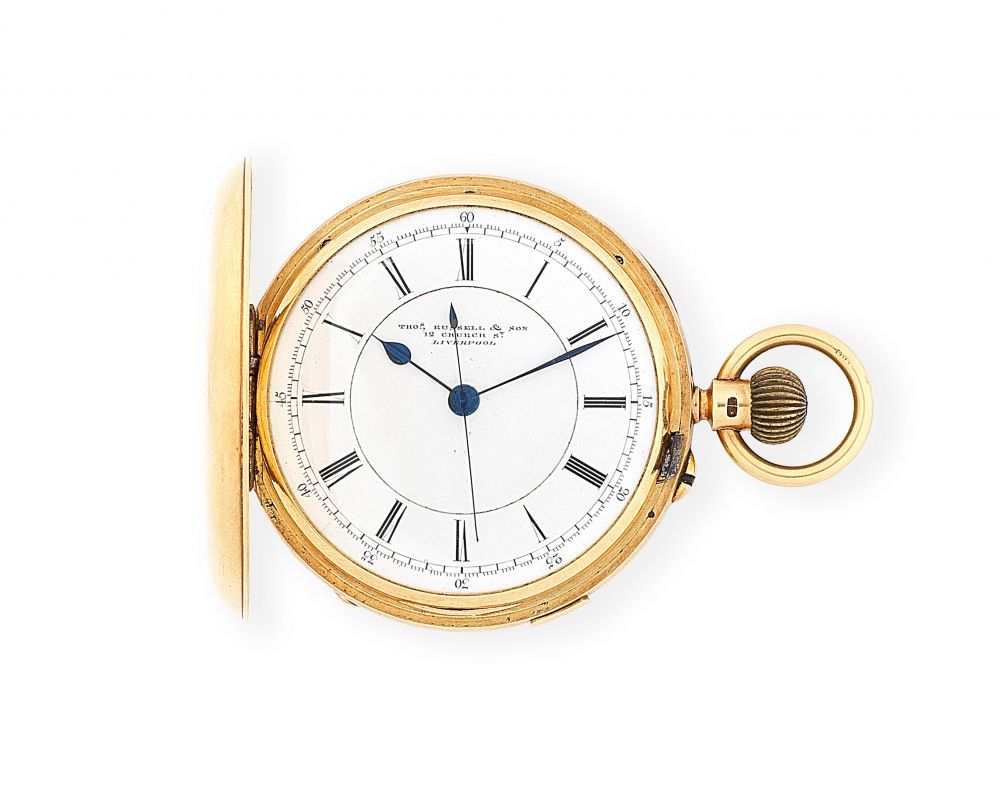 Thomas Russell & Son, 12 Church Street, Liverpool. An 18K gold keyless wind full hunter pocket watch with stop/start seconds