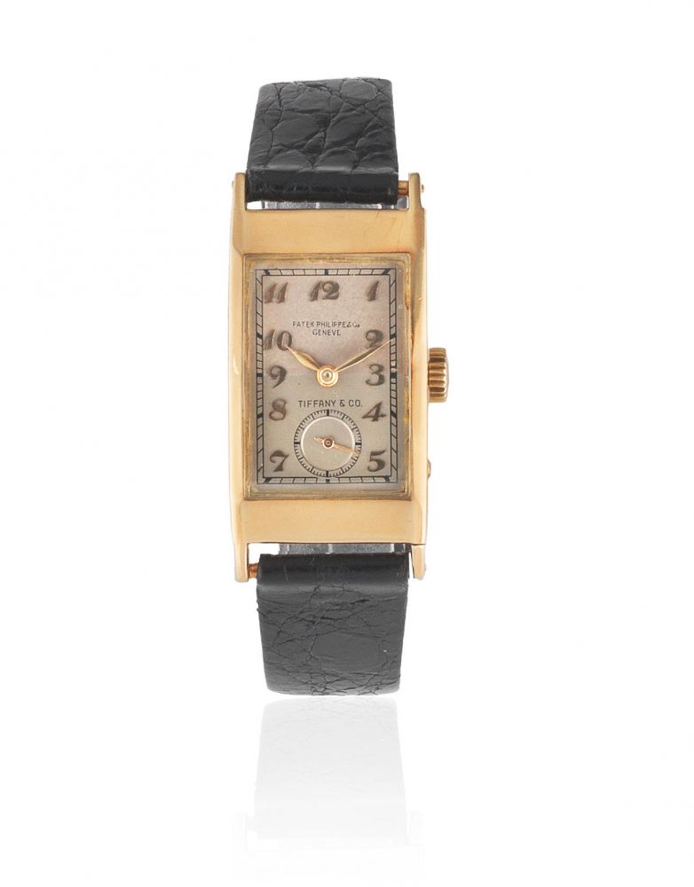 Patek, Philippe & Co, Geneve. A rare double signed 18K gold manual wind rectangular wristwatch retailed by Tiffany & Co.