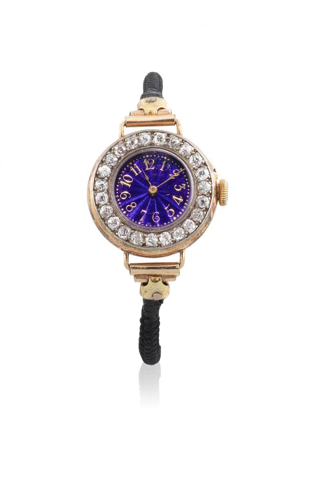 Le Roy et Fils. A lady's continental gold and diamond set manual wind cocktail watch with blue guilloché enamel dial