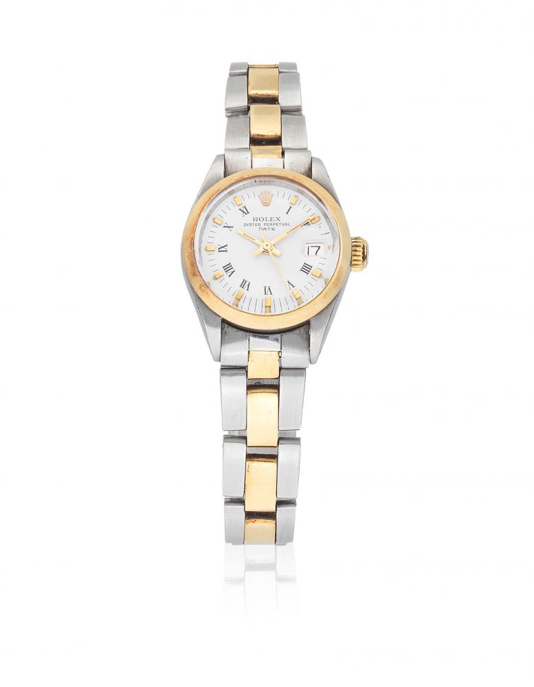 Rolex. A lady's stainless steel and gold automatic calendar bracelet watch