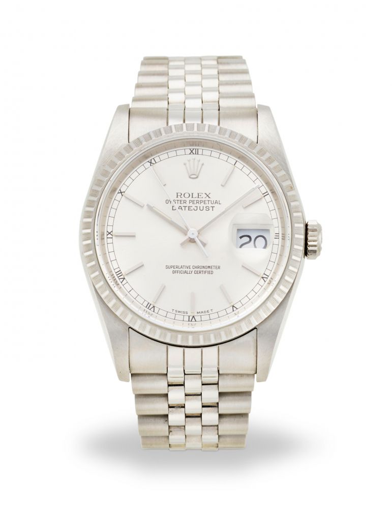 ROLEX. A STAINLESS STEEL AUTOMATIC CALENDAR BRACELET WATCH
