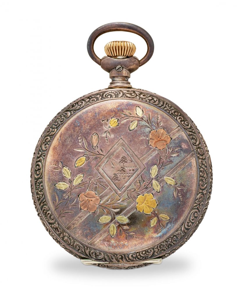 ILLINOIS WATCH CO. A MULTI COLORED GOLD INLAID STERLING SILVER HUNTER CASED WATCH
