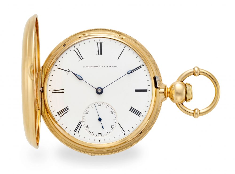E. HOWARD & CO., BOSTON. A RARE 18K GOLD HUNTER CASED LEVER WATCH WITH COLE'S ESCAPEMENT