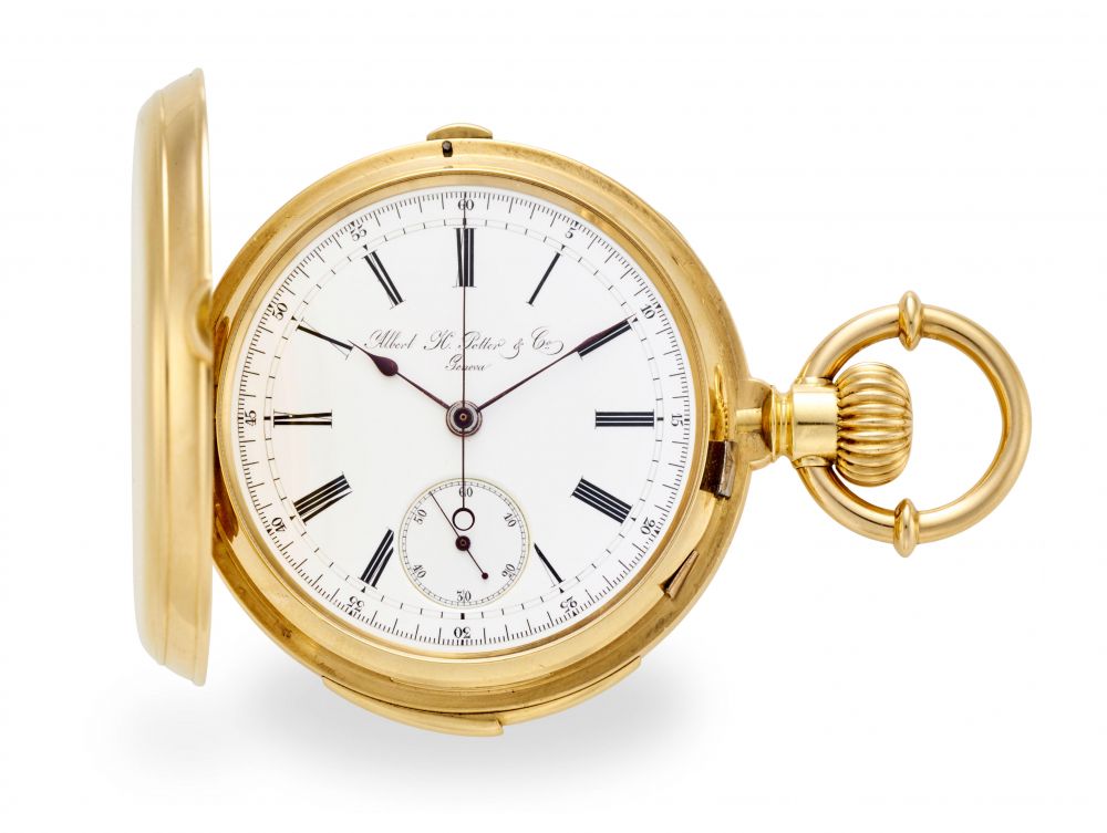 ALBERT H. POTTER & CO., GENEVA. A FINE 18K GOLD HUNTER CASED KEYLESS MINUTE REPEATING CHRONOGRAPH