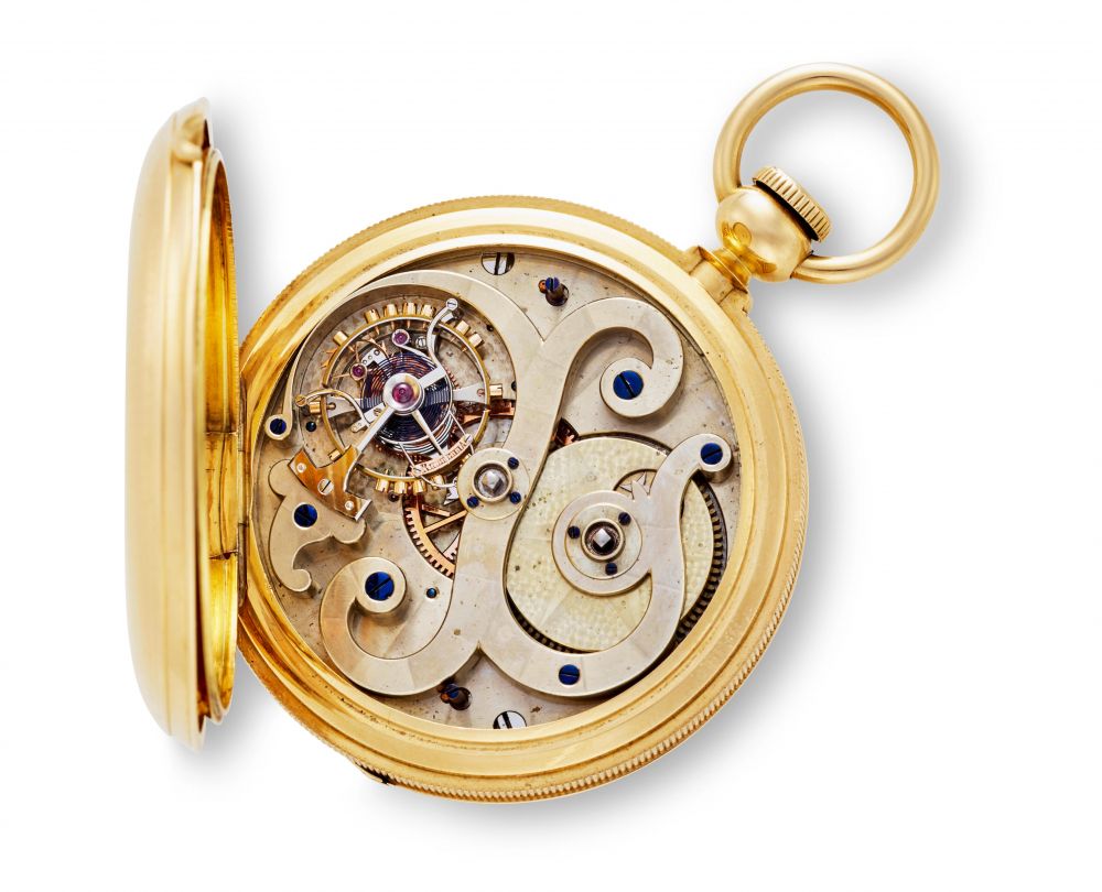 ERNEST GUINAND FOR J. E. CALDWELL & CO., PHILADELPHIA. A FINE AND RARE 18K GOLD HUNTER CASED PIVOTED DETENT CHRONOMETER WITH 1-MINUTE TOURBILLON WITH ORIGINAL PRESENTATION BOX