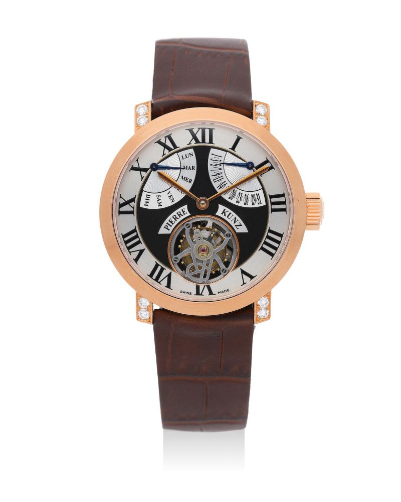 Pierre Kunz | Grande Complications, An Exceptional and Unique Pink Gold and Diamond-Set Tourbillon Wristwatch With Retrograde Day and Date, Circa 2010