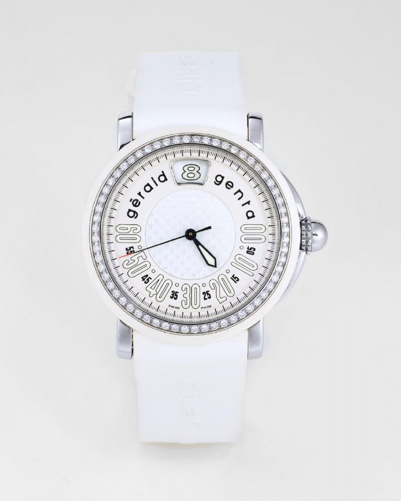 Gérald Genta | Retro Sport, A Stainless Steel, Rubber and Diamond-set Jumping Hour Wristwatch with Retrograde Minutes, Circa 2005