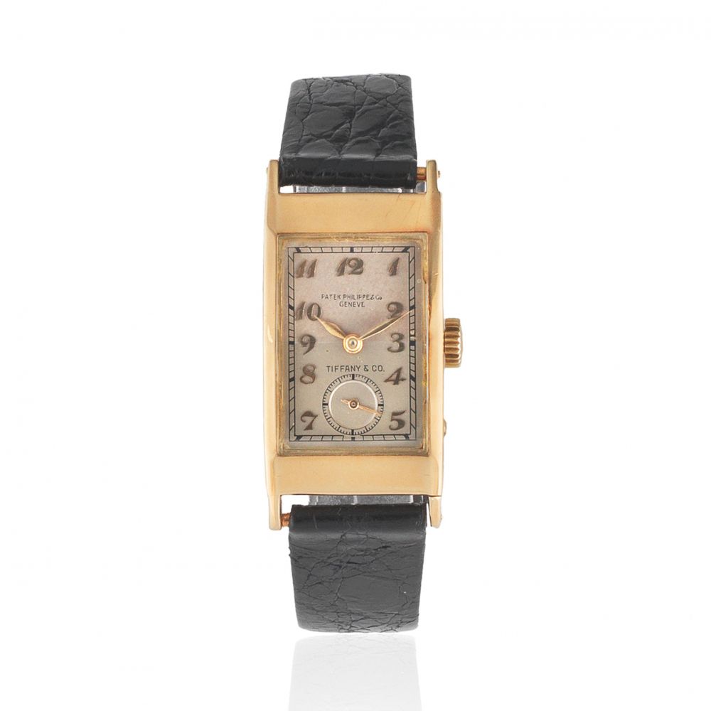 Patek, Philippe & Co, Geneve. A rare double signed 18K gold manual wind rectangular wristwatch retailed by Tiffany & Co.