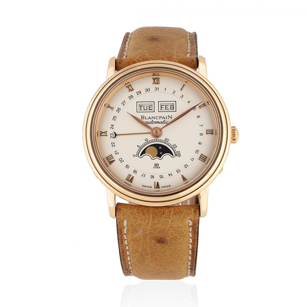 Blancpain. An 18K rose gold automatic annual triple calendar wristwatch with moon phase