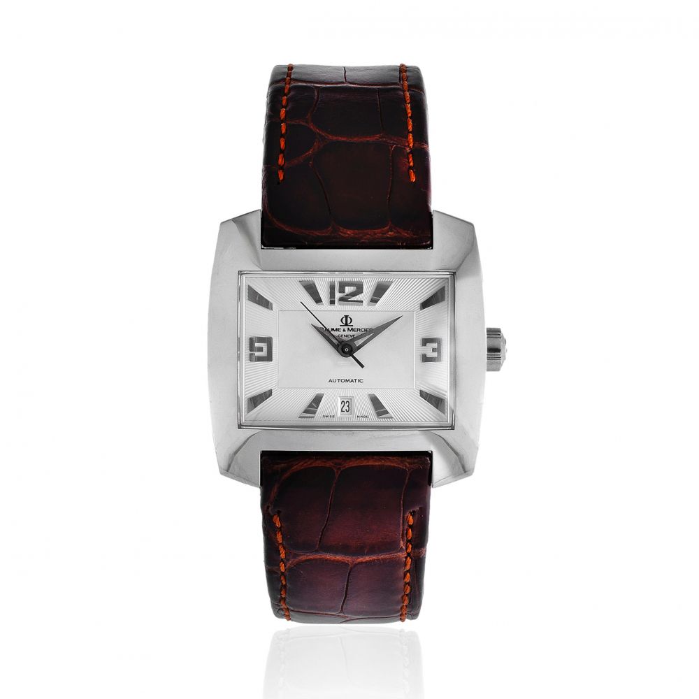 Baume & Mercier. A stainless steel automatic rectangular calendar wristwatch