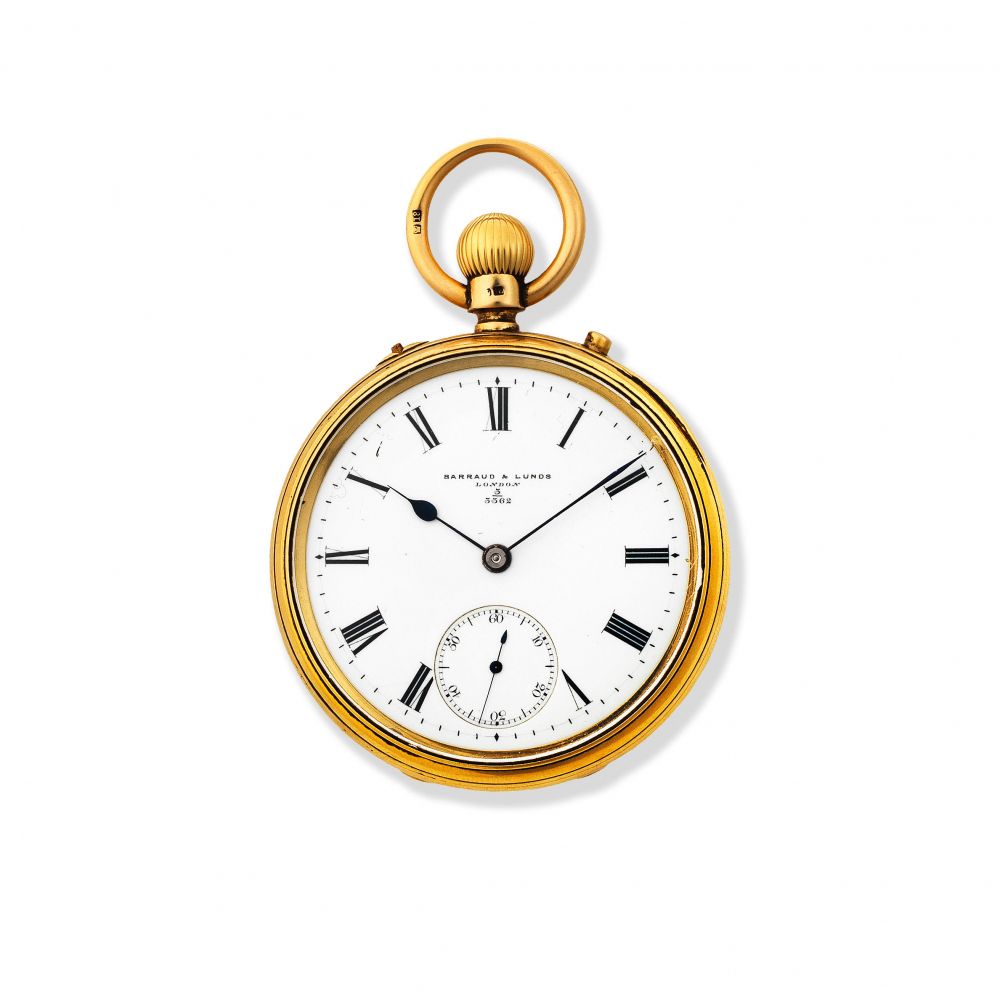 Barraud & Lunds, 49 Cornhill, London. An 18K gold keyless wind open face pocket watch
