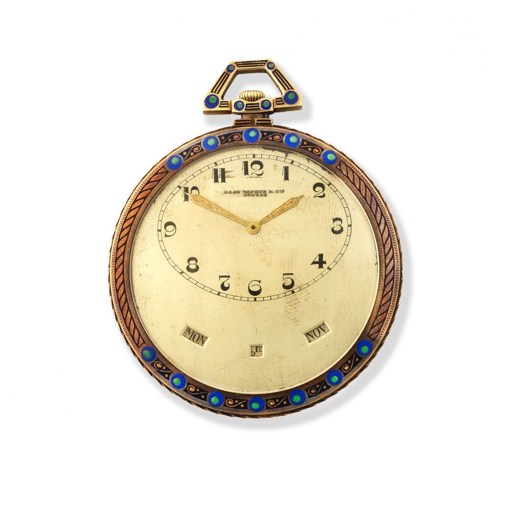Haas Neveux & Cie, Geneve. An 18K gold and enamel keyless wind open face triple calendar pocket watch