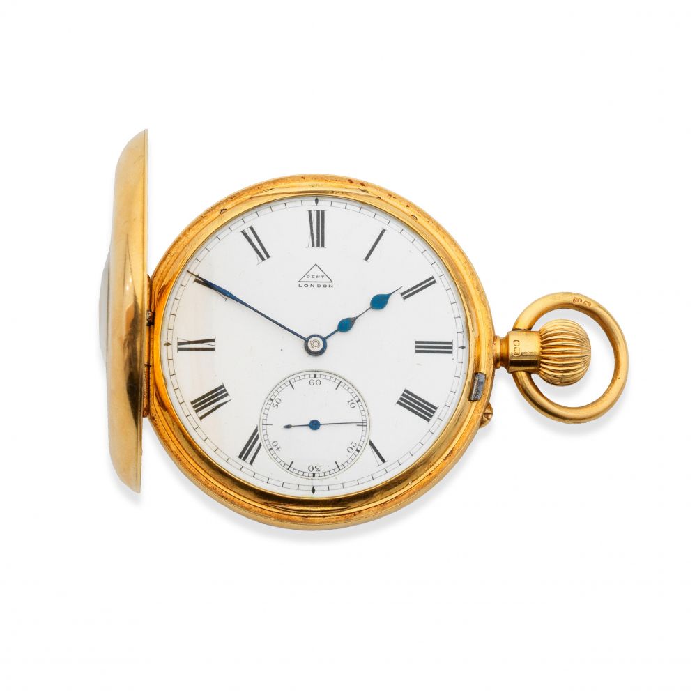 Dent, 61 Strand & 4 Royal Exchange, London. An 18K gold keyless wind half hunter pocket watch