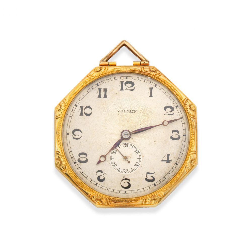 Vulcain. An 18K gold and enamel keyless wind octagonal form open face pocket watch