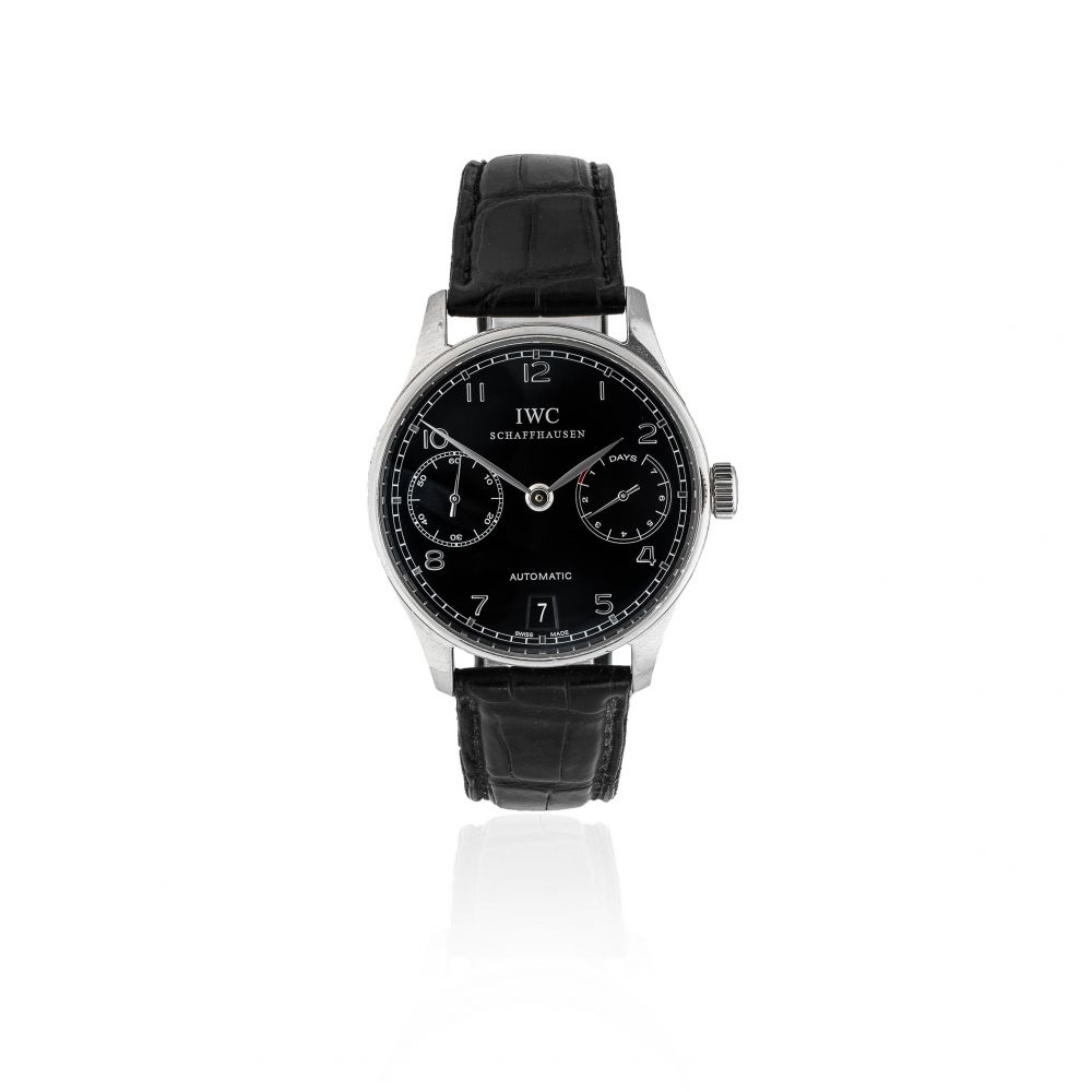 IWC. A stainless steel automatic calendar wristwatch with 7 day power reserve