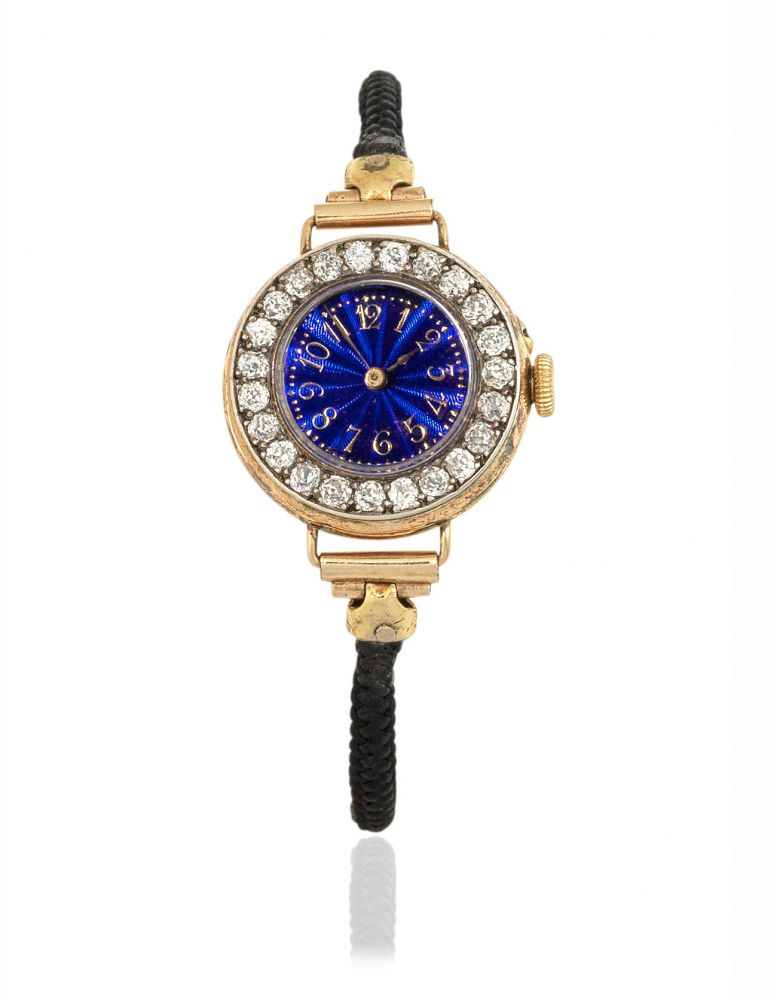 Le Roy et Fils. A lady's continental gold and diamond set manual wind cocktail watch with blue guilloché enamel dial