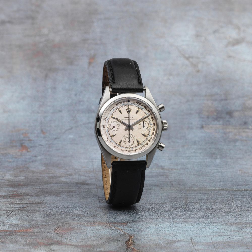 Rolex. A rare stainless steel manual wind chronograph wristwatch