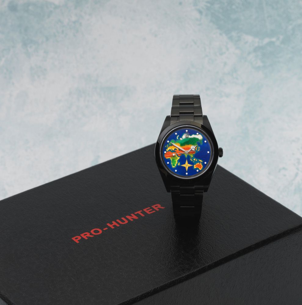 Rolex customised by Pro-Hunter. A fine and rare black DLC coated stainless steel automatic bracelet watch with cloisonné enamel world map dial
