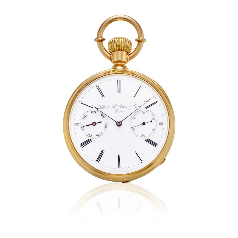 ALBERT H. POTTER & CO., GENEVA. A FINE 18K GOLD OPEN FACE KEYLESS LEVER WATCH WITH DAY OF WEEK CALENDAR