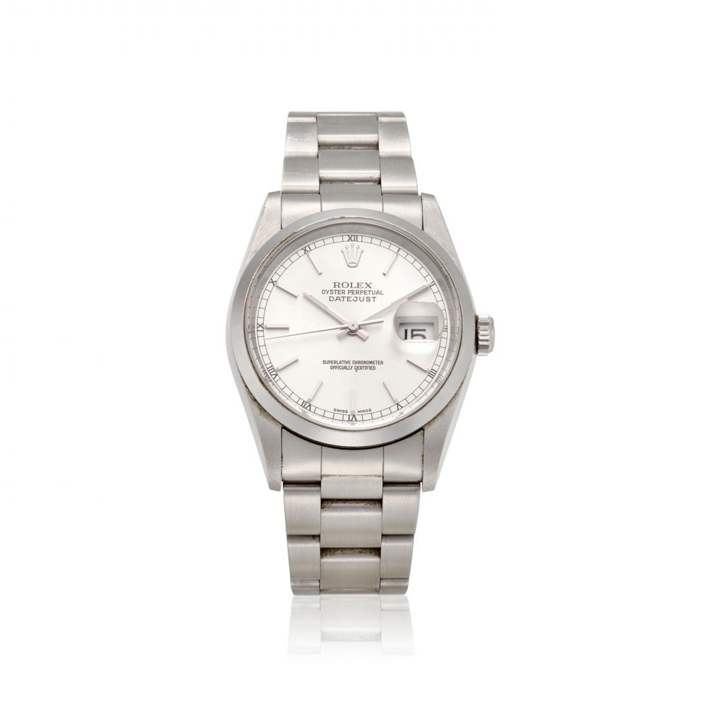 ROLEX. A STAINLESS STEEL AUTOMATIC CALENDAR BRACELET WATCH