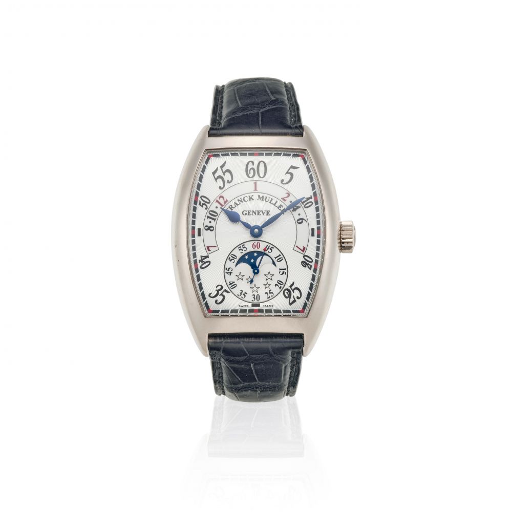 FRANCK MULLER. AN 18K WHITE GOLD AUTOMATIC MOONPHASE WRISTWATCH