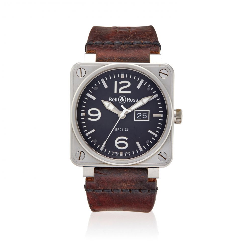 BELL & ROSS. A LARGE STAINLESS STEEL AUTOMATIC CALENDAR WRISTWATCH