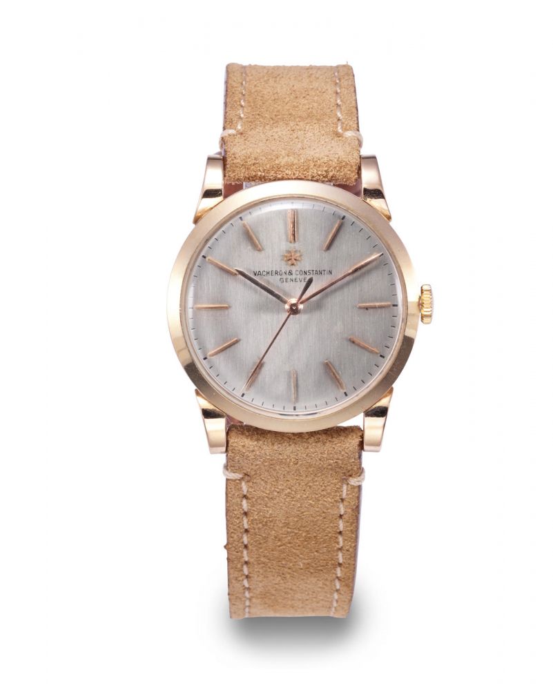 VACHERON & CONSTANTIN. A RARE YELLOW GOLD WRISTWATCH WITH TEXTURED CASE AND FANCY LUGS, CIRCA 1955