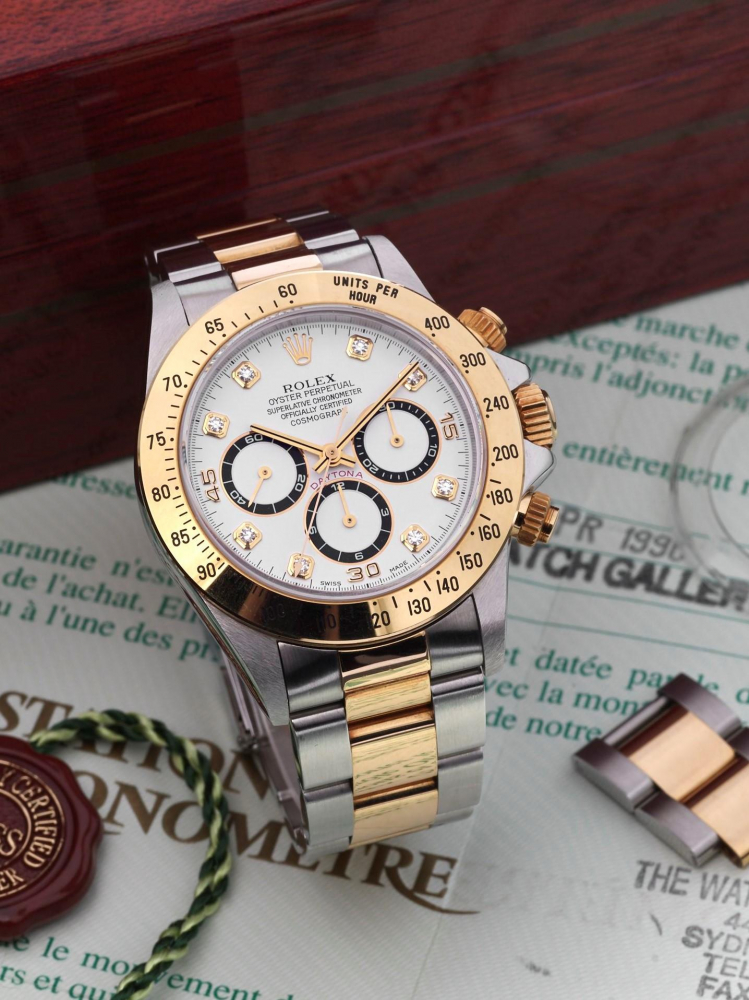 ROLEX | COSMOGRAPH DAYTONA "ZENITH", REF.16523, A YELLOW GOLD AND STAINLESS STEEL CHRONOGRAPH BRACELET WATCH WITH DIAMOND INDEXES, CIRCA 1996