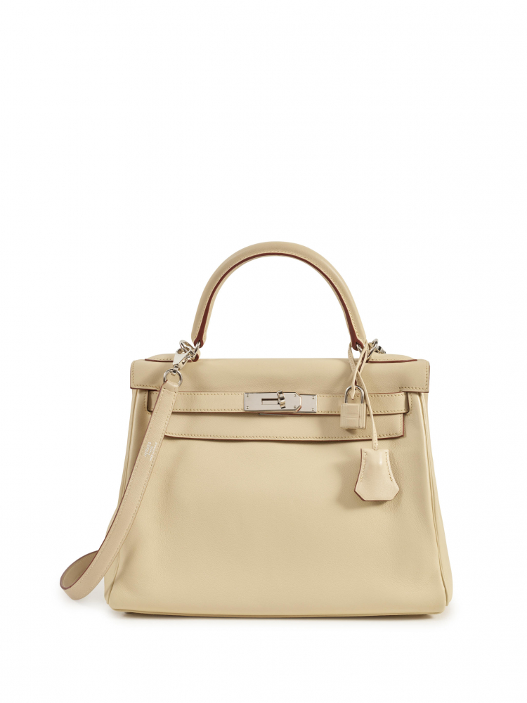 HERMÈS: PARCHEMIN SWIFT LEATHER KELLY 28 WITH PALLADIUM HARDWARE