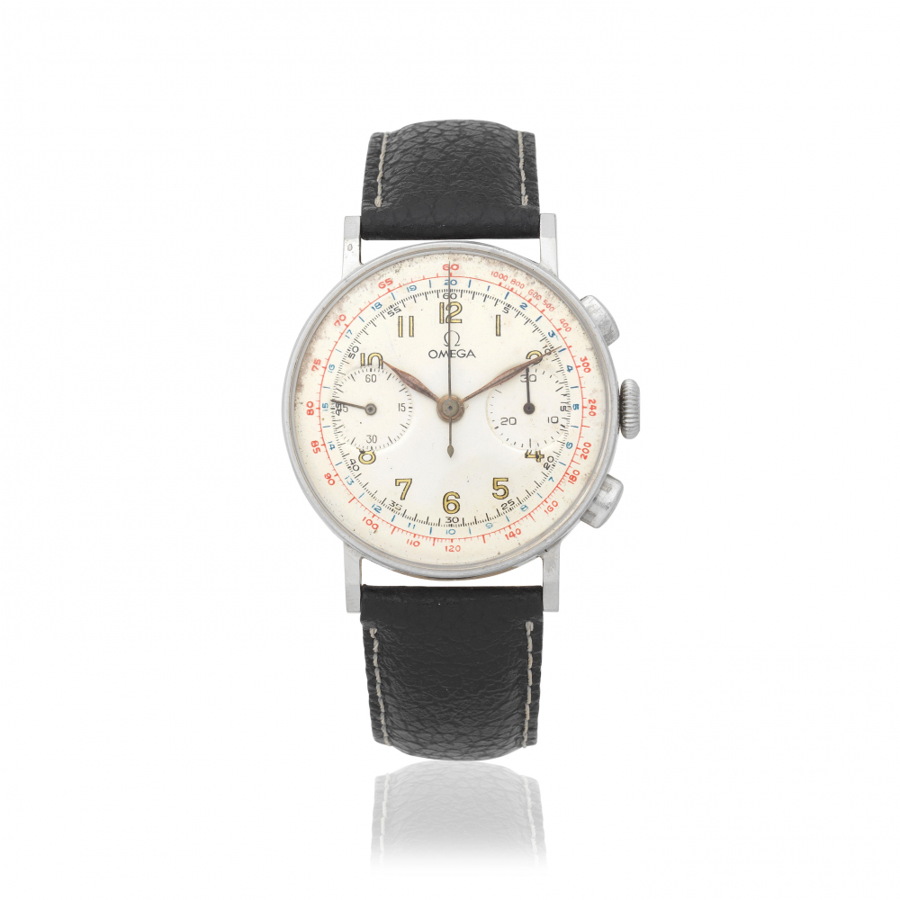Omega. A stainless steel manual wind chronograph wristwatch
