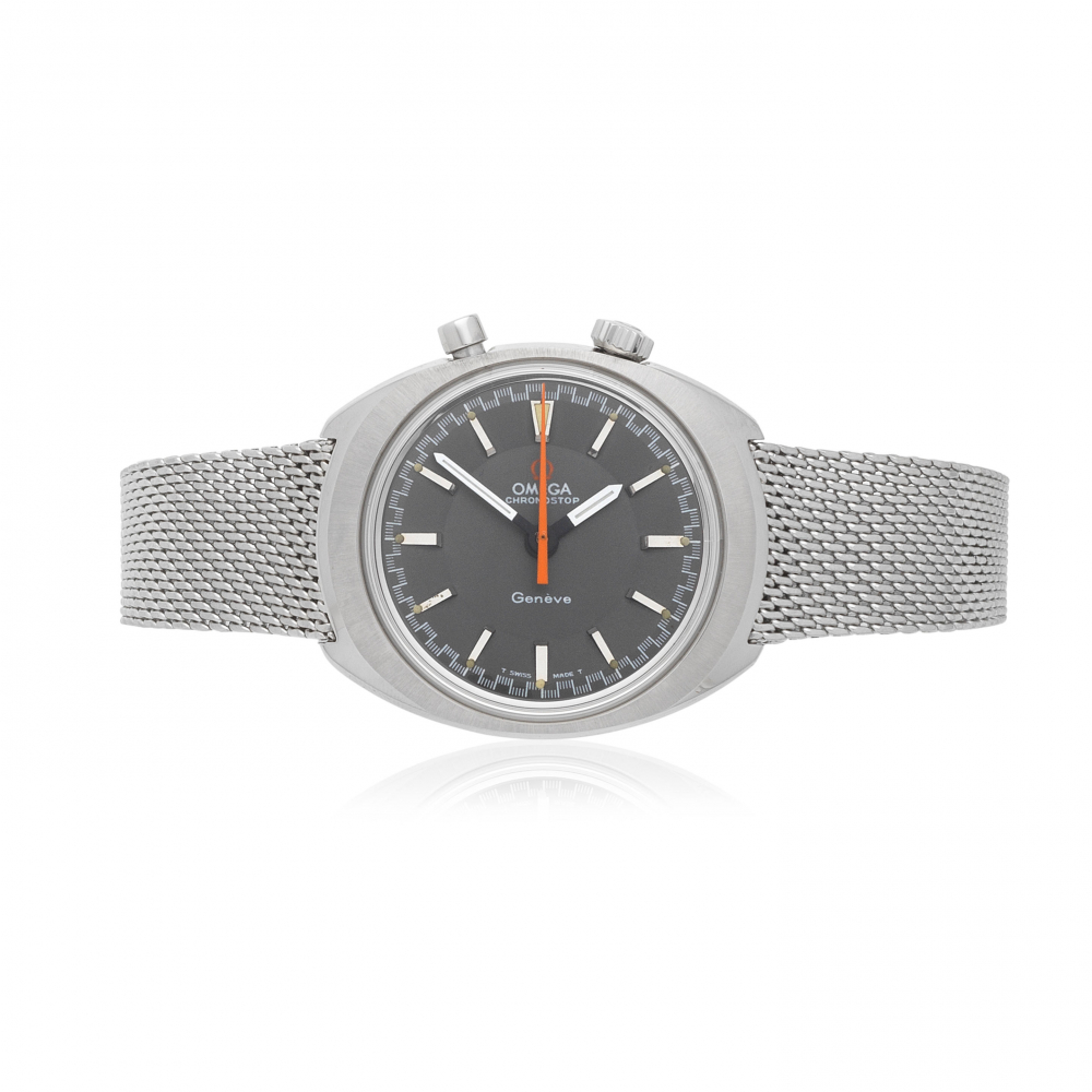 Omega. An unusual stainless steel manual wind chronograph drivers bracelet watch