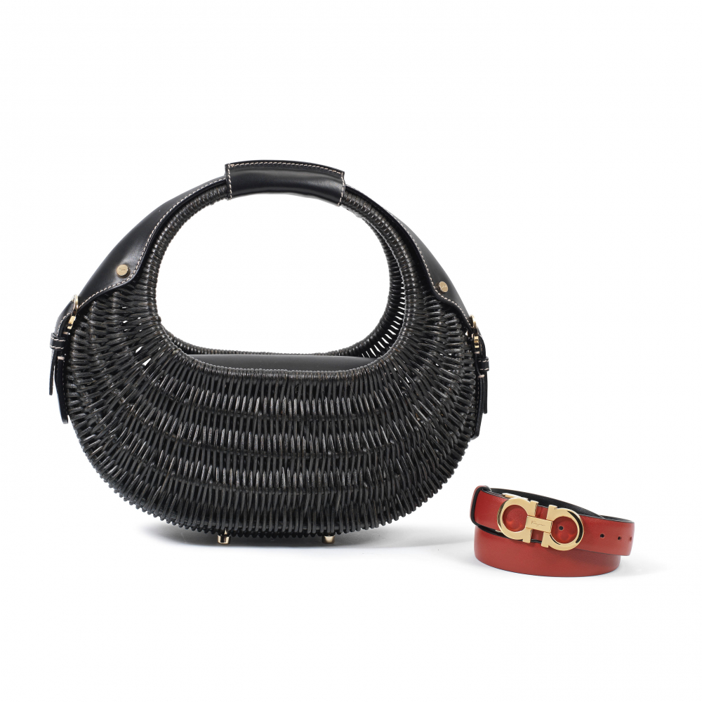 Salvatore Ferragamo: a Black Wicker Basket Bag and a Red Belt