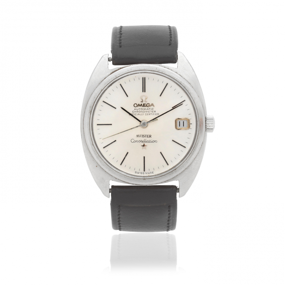 Omega. A stainless steel automatic calendar wristwatch retailed by Meister