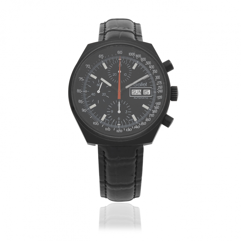 Gallet. A black PVD coated brass automatic calendar chronograph wristwatch