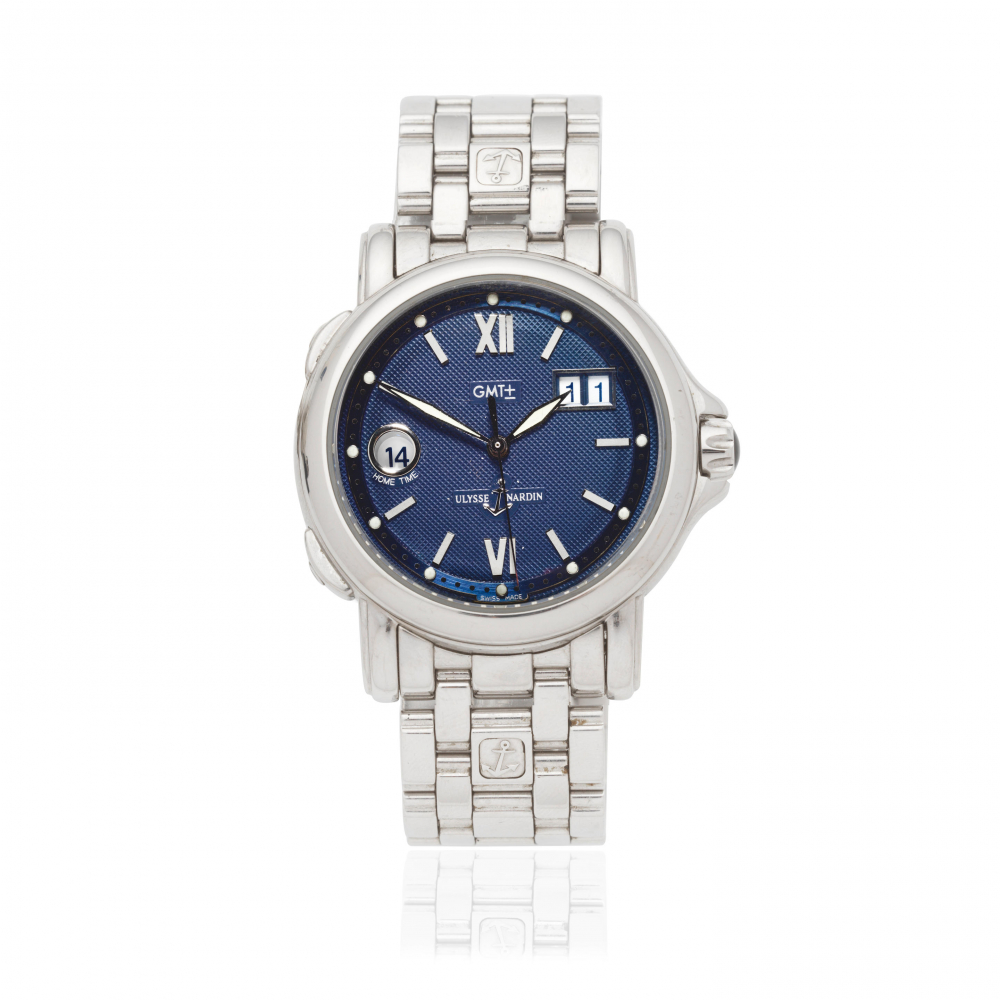 Ulysse Nardin. A stainless steel automatic calendar bracelet watch with dual time zone